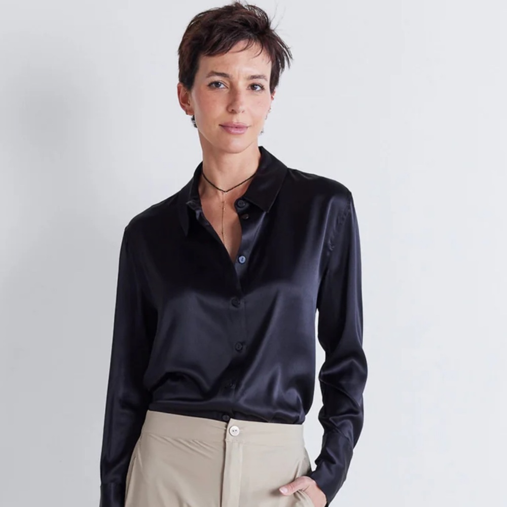 Ruti Women's Shift Your Gaze Silk Button Down Blouse Black Sleeved Top size 3